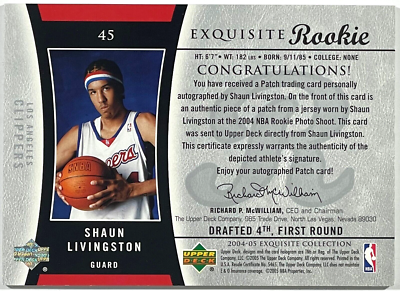 2004-05 UD Exquisite Rookie Patch Autographed Shaun Livingston 