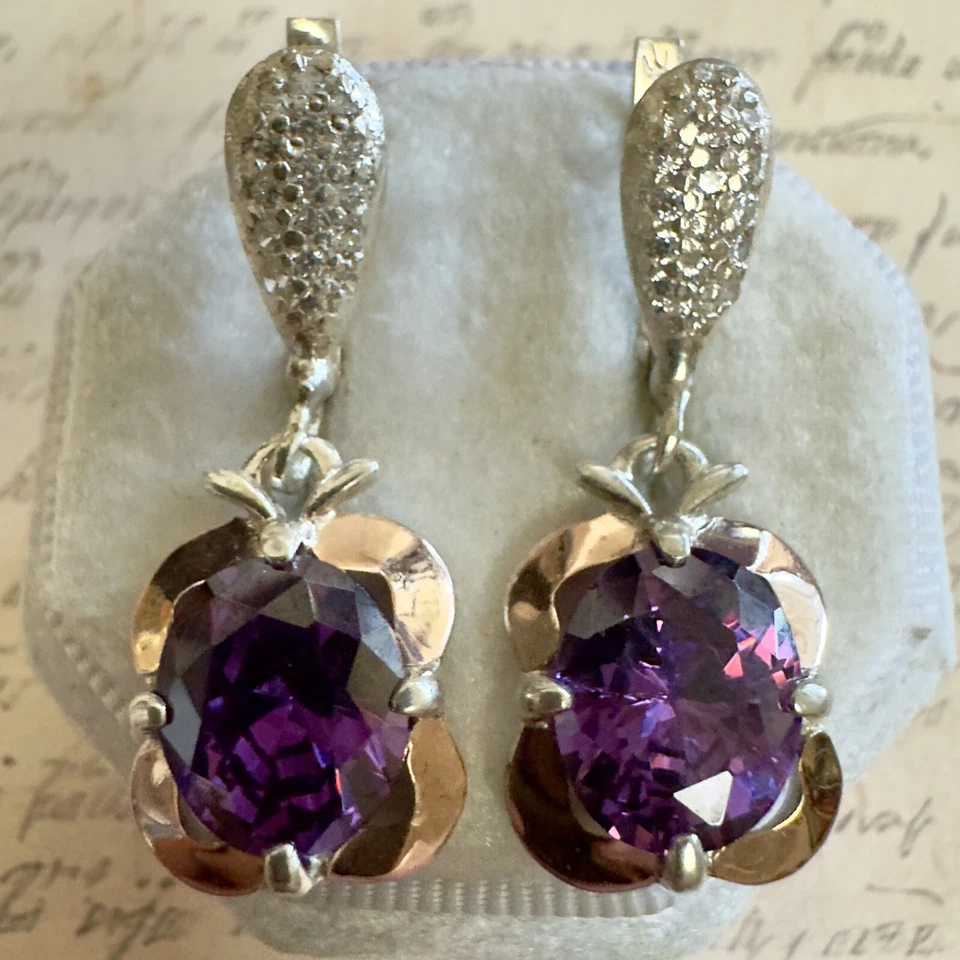 Dramáticos pendientes de plata 925 y oro de 10 k púrpura circonita cúbica de Europa del Este #1185 Foto 2 de 4