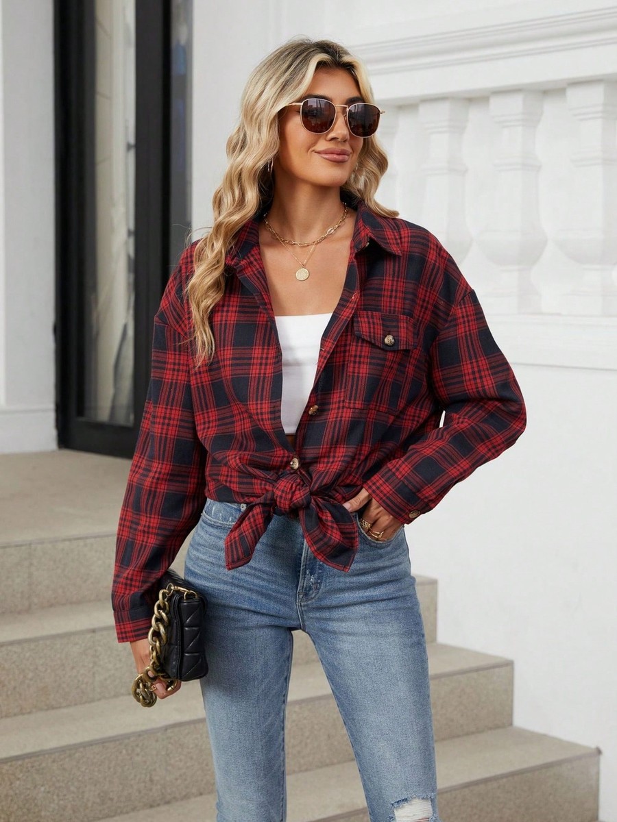 Women's Long Sleeve Plaid Button Up Shirt Jacket With Collared Neckline