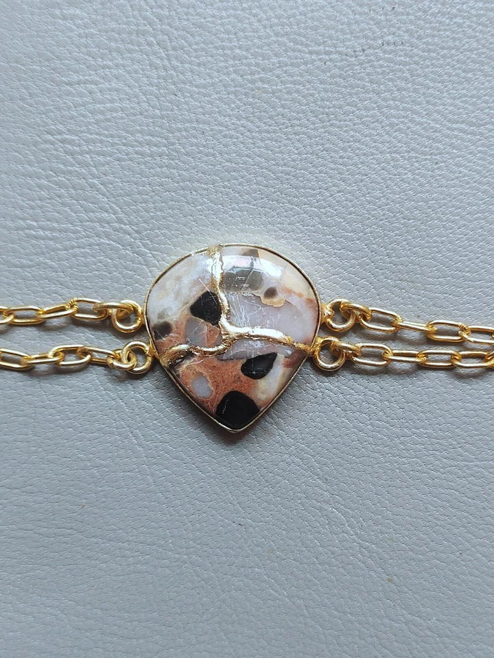 手链 宝石 珠宝 布丁 碧玉 Kintsugi 修复 带镀金链 — 第 4/4 张图片