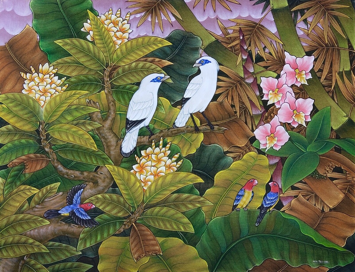 Bali Painting Signed Balinese Landscape Bird Flower Wall Art Ubud
