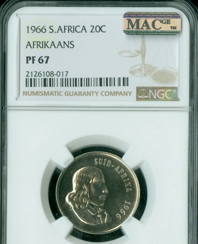 1966 SOUTH AFRICA AFRIKAANS 20 CENTS NGC PF67 MAC SPOTLESS * 