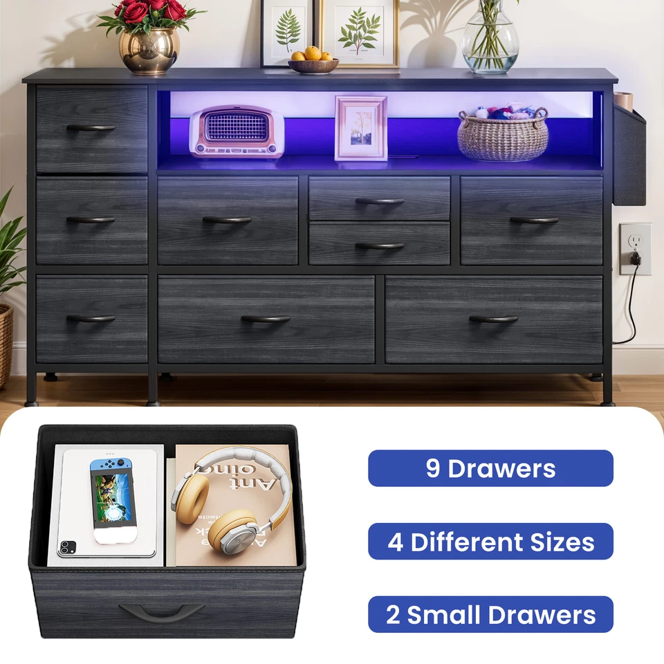 9 gavetas cômoda preta luzes LED ajustáveis porta USB organizador de armário de armazenamento - Imagem 4 de 4