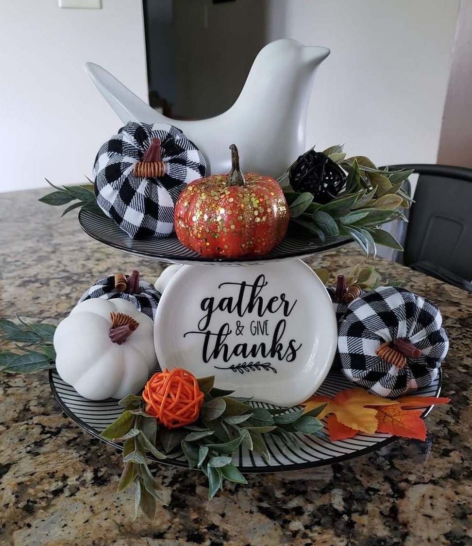 New Set 8 Fall White Black Buffalo Plaid Check Pumpkins Table Decor Vase Filler