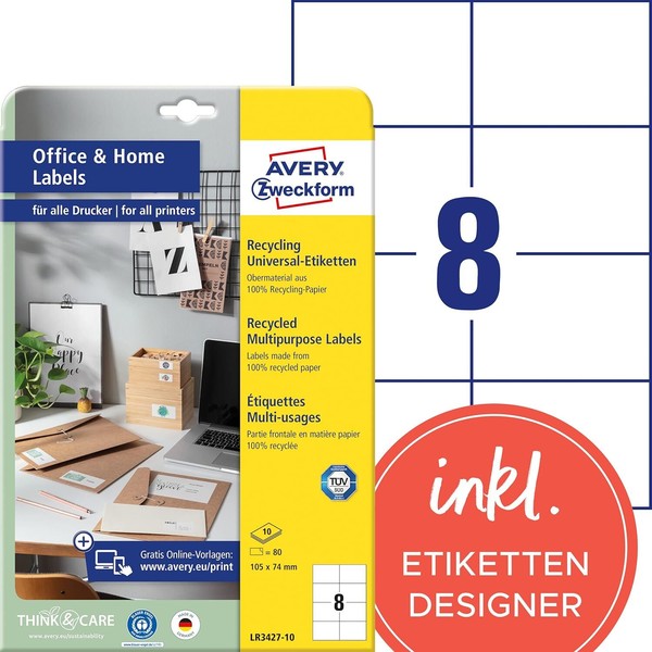Avery Zweckform LR3427-10 Recycling Etiketten (80 Adressaufkleber, 105X74Mm Auf-image