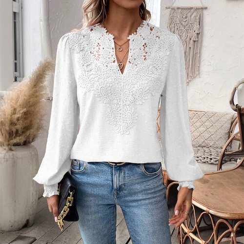 Women Lace V Neck Tunic Tops Ladies Casual Loose Long Sleeve Plain Blouse Shirt - Picture 19 of 22