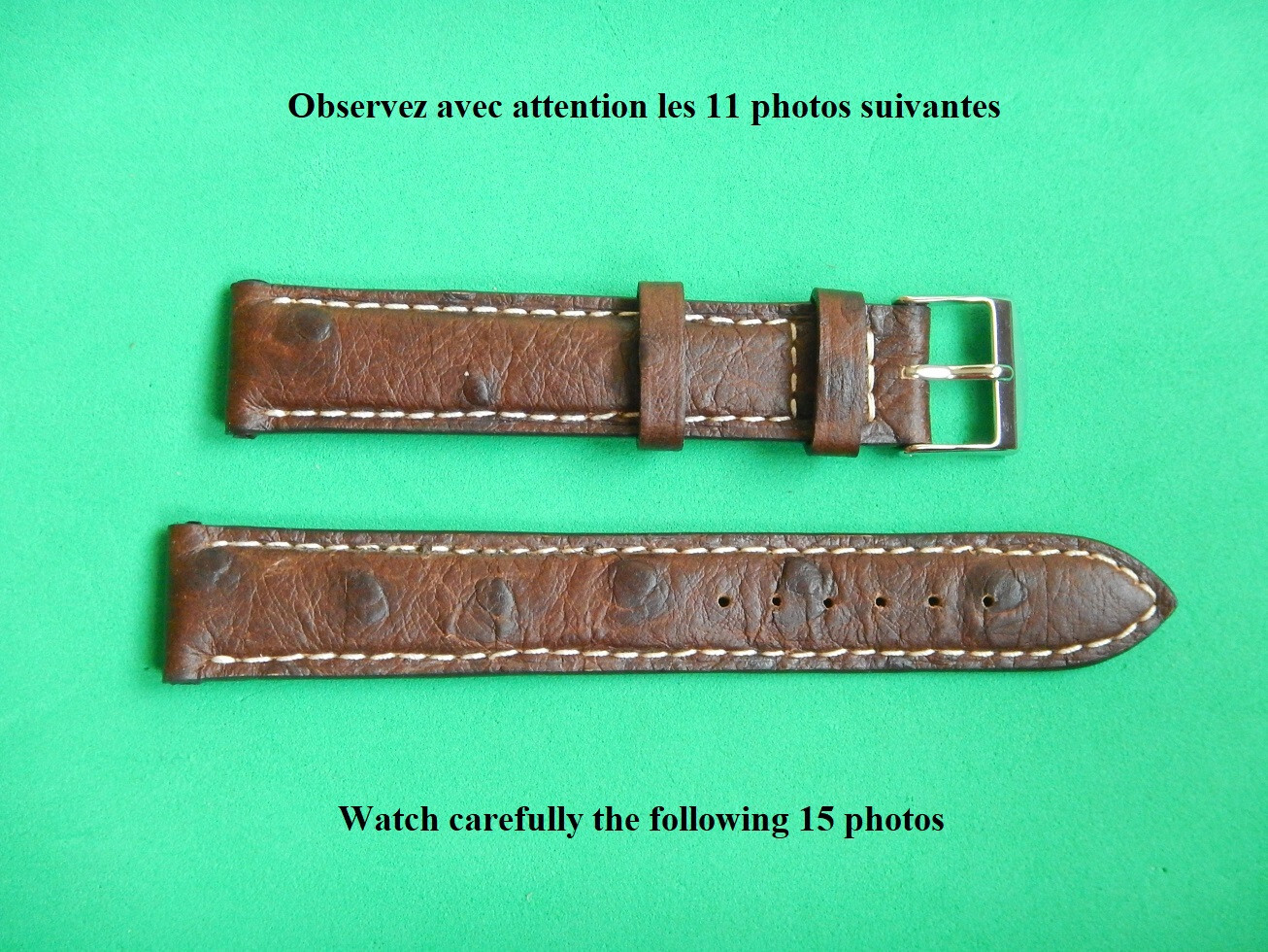 Bracelet montre 19mm en veau véritable marron façon autruche fait main