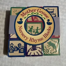 9 New Vintage Mother Goose Nursery Rhyme Wooden Blocks, Sealed in Package