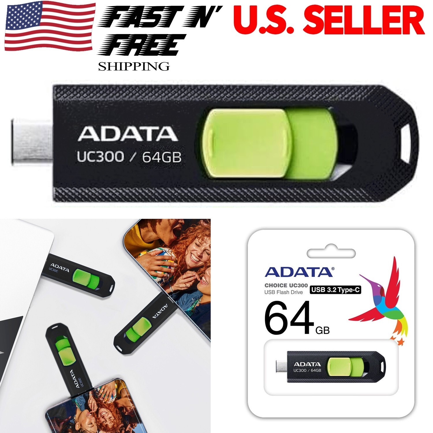 USB Flash Drive 64GB AData 3.2 UC300 Type-C Data Storage Stick Black/Green-image