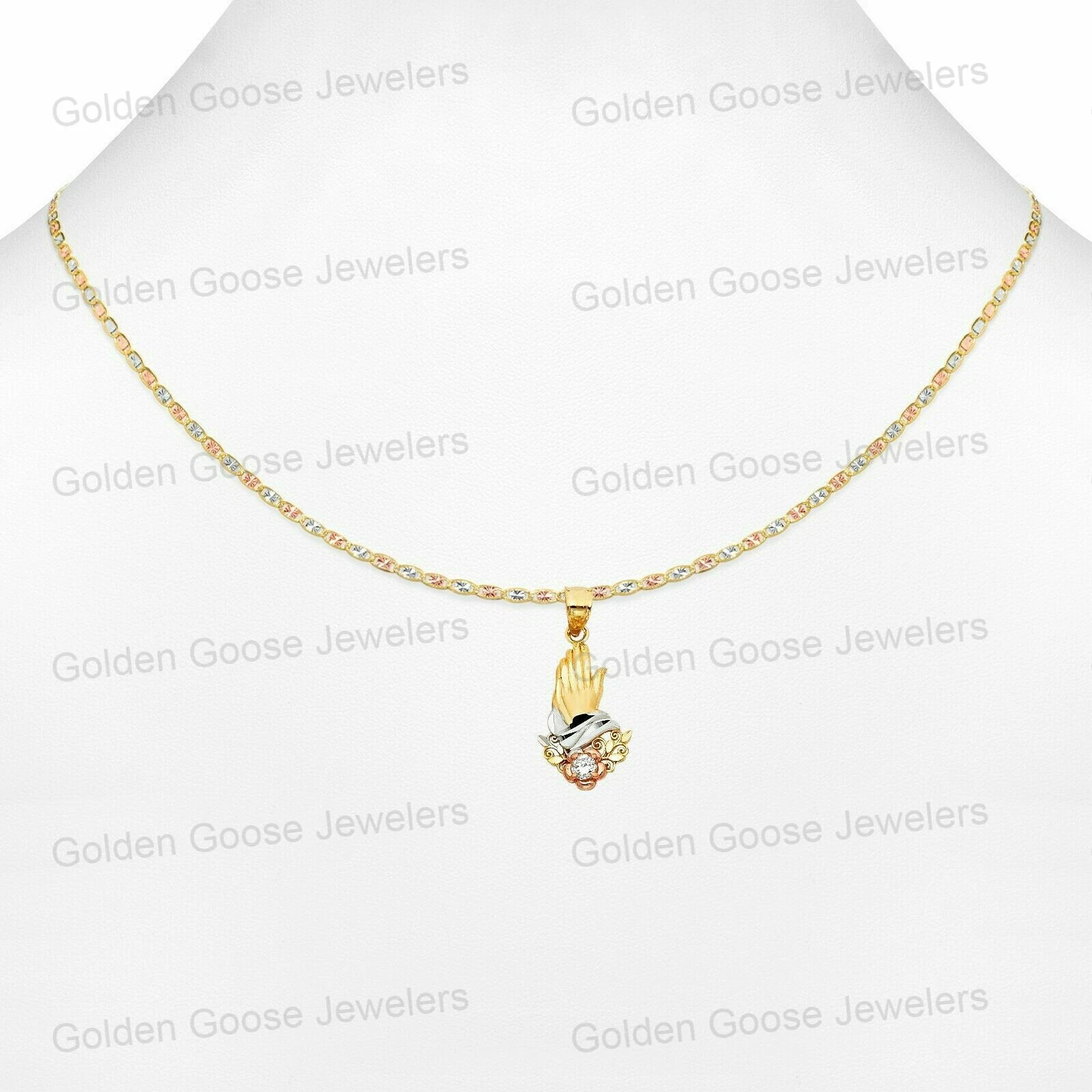 Ciondolo piccolo zirconi mano preghiera oro giallo bianco 14 kt catena Valentino