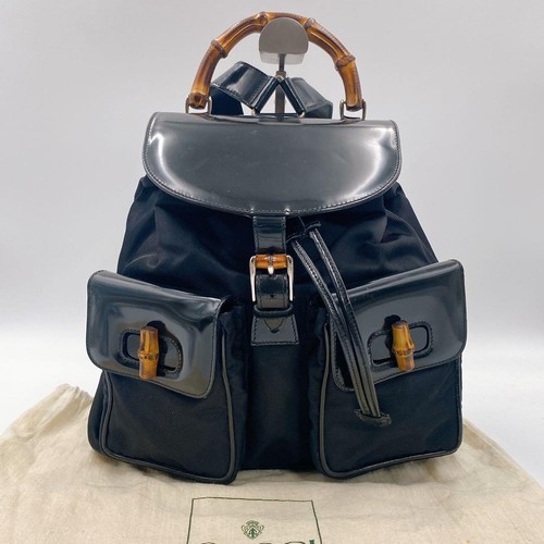 GUCCI Bamboo Women's Backpack Black Leather Authentic Designer Rucksack