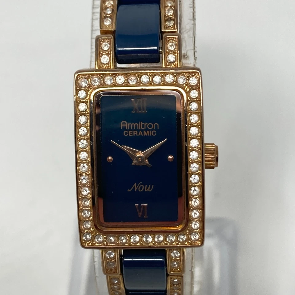 Armitron Tank Watch Women 17mm Rose Gold Tone Navy Ceramic Bling New Batt 6.75" - Image 2 of 4
