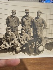 Vintage Photo Snapshot Group Of Military Soldiers Company Flag WW2 F7