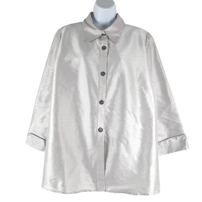 IC Collection Button Front Blouse Shirt 2XL Silver Cuffed Polyester TP-3463