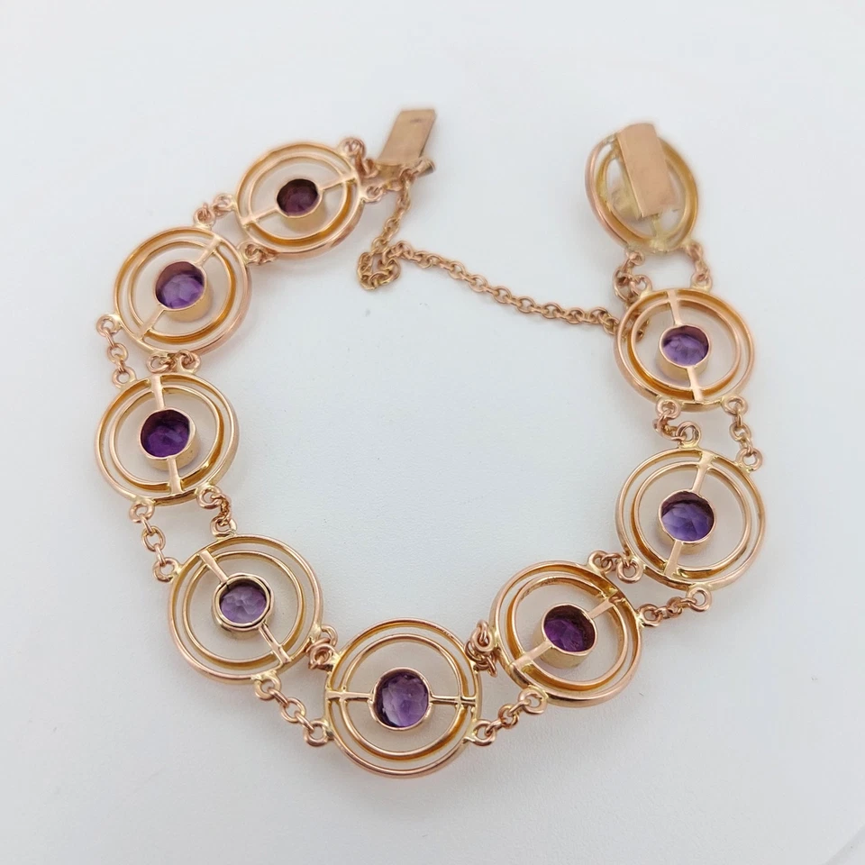 Brazalete Amatista Oro 9ct Eslabón Circular Vintage Mediados de Siglo 9 Piedras 11.4g Foto 2 de 4
