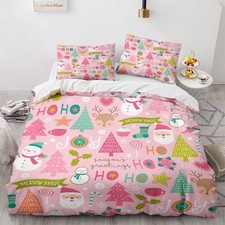 Pink Christmas Duvet Cover Full Size Set - Kids Girls Christmas Bedding Bedro...