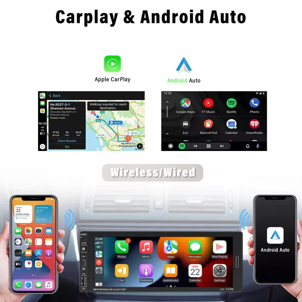 Single Din Coche Estéreo Inalámbrico Apple CarPlay 6.9 Pantalla Táctil Bluetooth Radio USB Foto 2 de 4