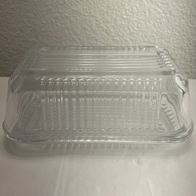 Vintage MCM Pasabahce Refrigerator Clear Ribbed Glass Butter Dish With Lid MINT