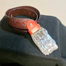 Belt Buckle Alligator Skin Design Ornate Hand Tooled Leather 29-35 Unisex