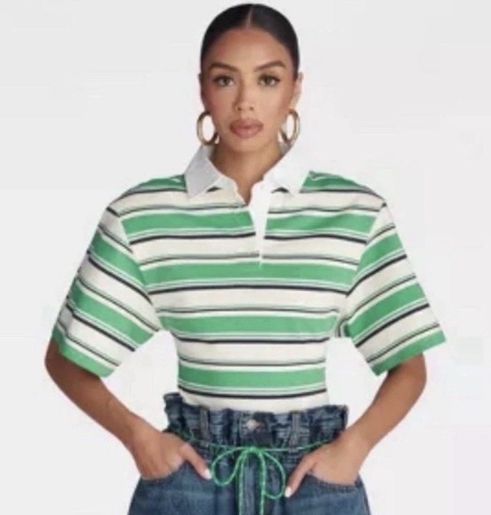 KBB by KAHLANA Women's Short Sleeve 'The Fitted Rugby Shirt' - Green Striped (M)