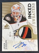 2023-24 UD SP Game Used John Gibson Inked Sweaters /15 Patch Auto Gold #IS-JG