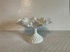 Fenton Art Glass Hobnail White Ruffled Milk Glass Pedestal Footed Candy Bowl 8”T