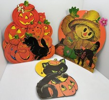 Lot Of 3 Large Black Cat Halloween Decor Wall Hangings Pumpkins Jack O Lanterns