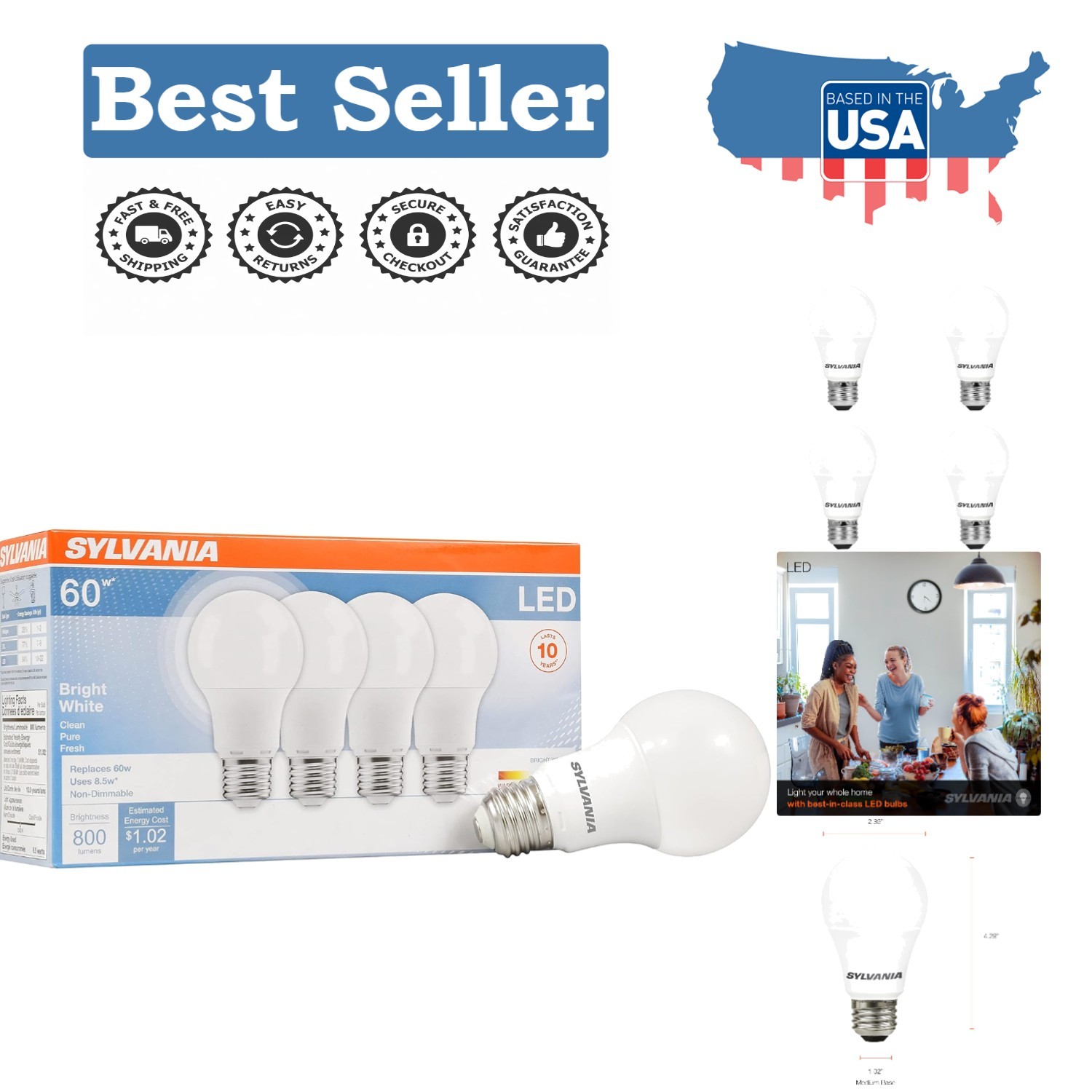 - 60w Equivalent, 800 Lumens, 4-pack Bright White