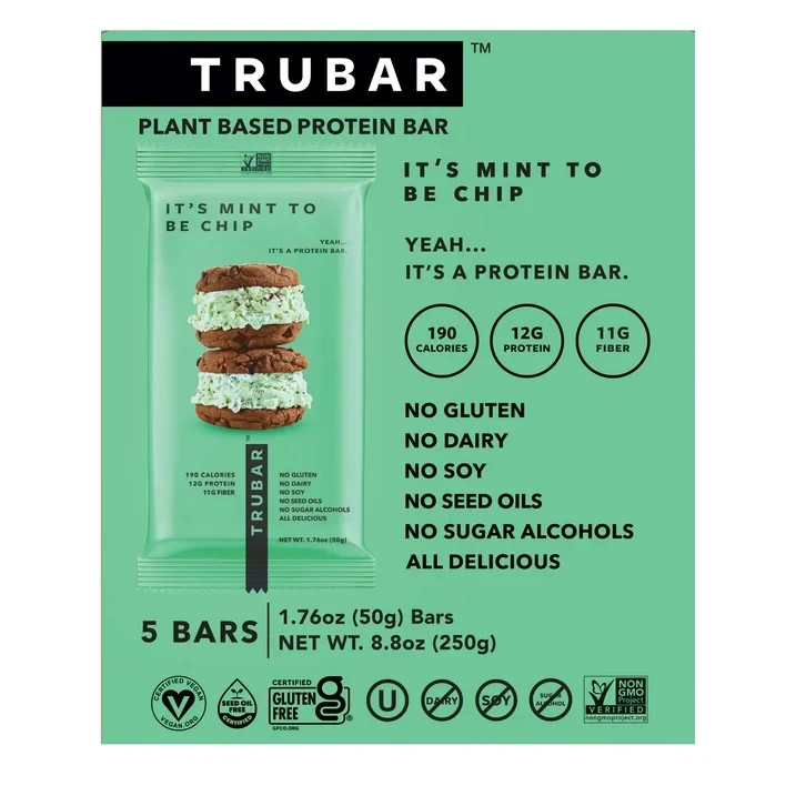 TRUBAR Protein Bar, It's Mint to Be Chip, Plant Based Protein, Vegan, 5 ...