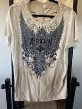 Women tshirt Size 2XL NWOT grunge Affliction tan shirt ripped soft fleur de lis