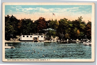 Vintage Postcard Geneva NY Pastime Park Bath House Pavilion Swimming