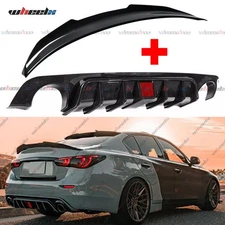 Carbon Look High Kick Trunk Spoiler&Rear Diffuser Bumper For 18-24 Infiniti Q50