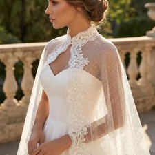 White Ivory Sheer Tulle Bridal Cape Veil With Floral Beaded Lace Trim Wedding