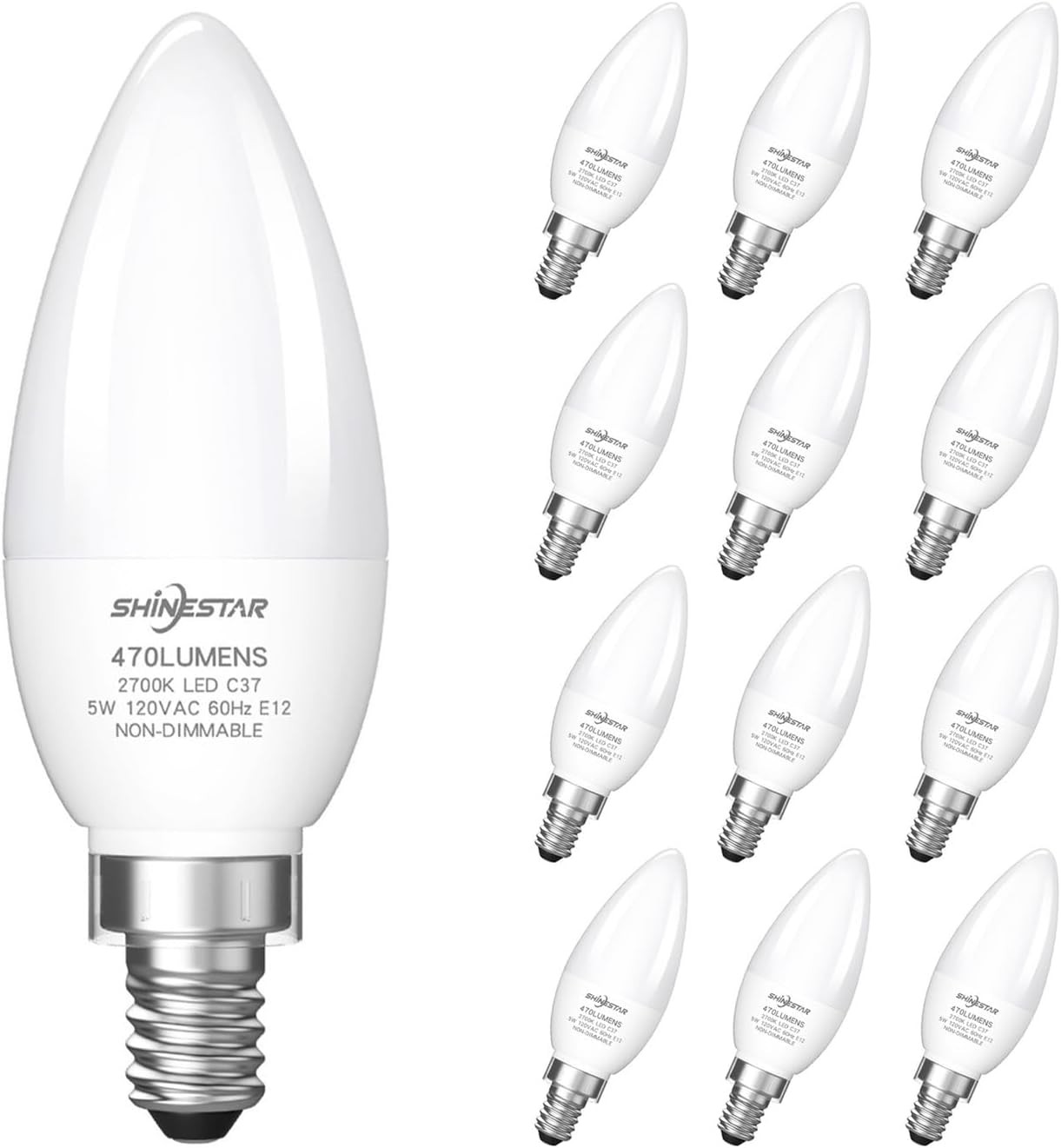 SHINESTAR 12-Pack E12 Candelabra LED Bulbs, 5W 40W Equivalen