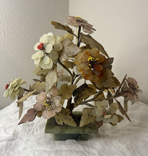 12" Vintage Chinese Hardstone Flower Tree Sculpture Jade Quartz Agate Bonsai