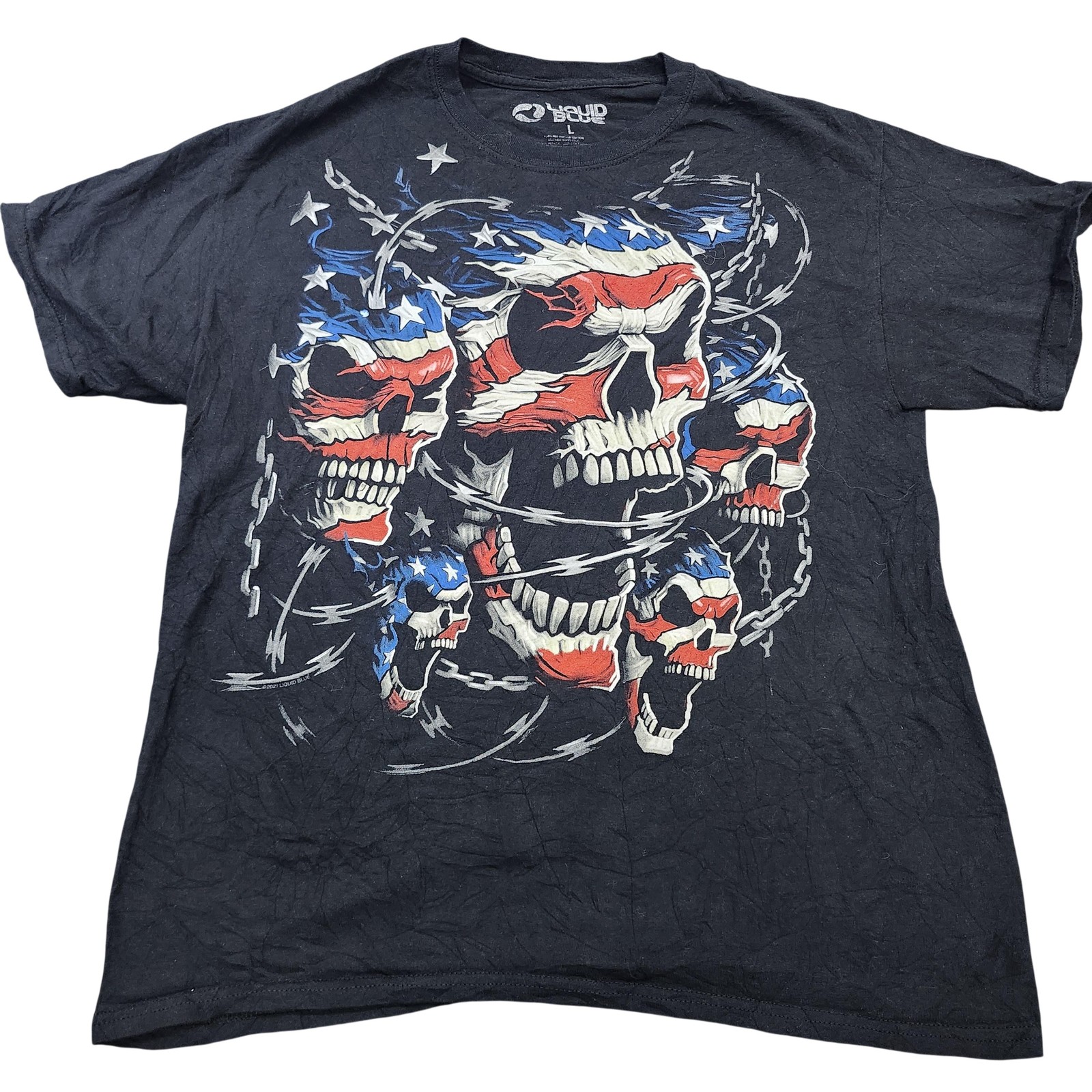Liquid Blue Shirt Mens Large Black American Flag Skulls Graphic Tee Patriotic