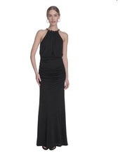 Eliza J Black Sleeveless Halter Maxi Dress With Gold Chain Detail Sz 4