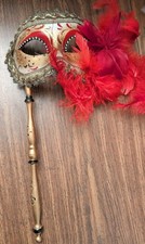 Hand Painted In Italy Venetian Masquerade Mask With Feathers and Holding Stick