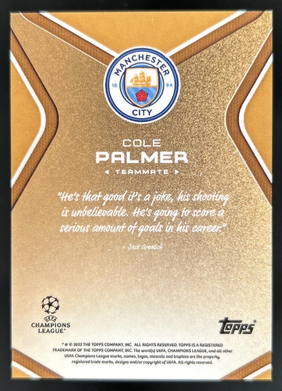 2022 Topps Jack Grealish Platinum Curated UEFA Cole Palmer Auto Gold #1/1 view 2