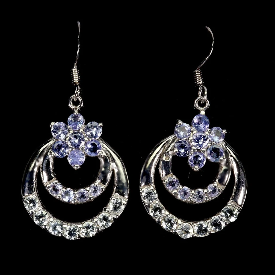 925 Orecchini Argento Sterling Rotondo Tanzanite Acquamarina Natural Gemma Gioie - Immagine 2 di 4