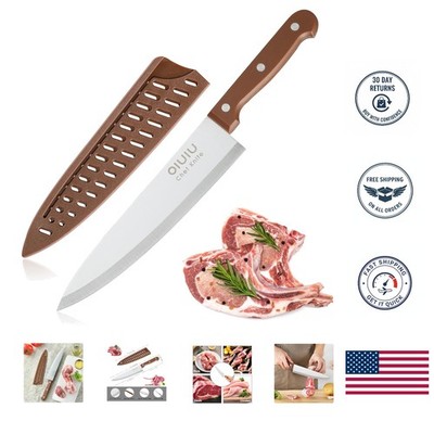 Razor Sharp 8-Inch Kitchen Knife with Protective Sheath & Stylish Brown Handle