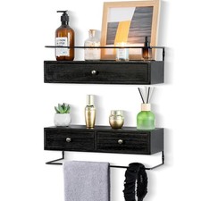 2-Pack Rustic Floating Shelves with Drawer, 15.8in Black Wall-Mounted Bathroom