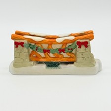 1991 Porcelain Christmas Village Bridge Snow Garland & Red Bow Miniature Decor