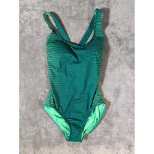 Lands' End Size 10 Tugless X-Back High Leg One Piece Swimsuit Green Stripe NEW