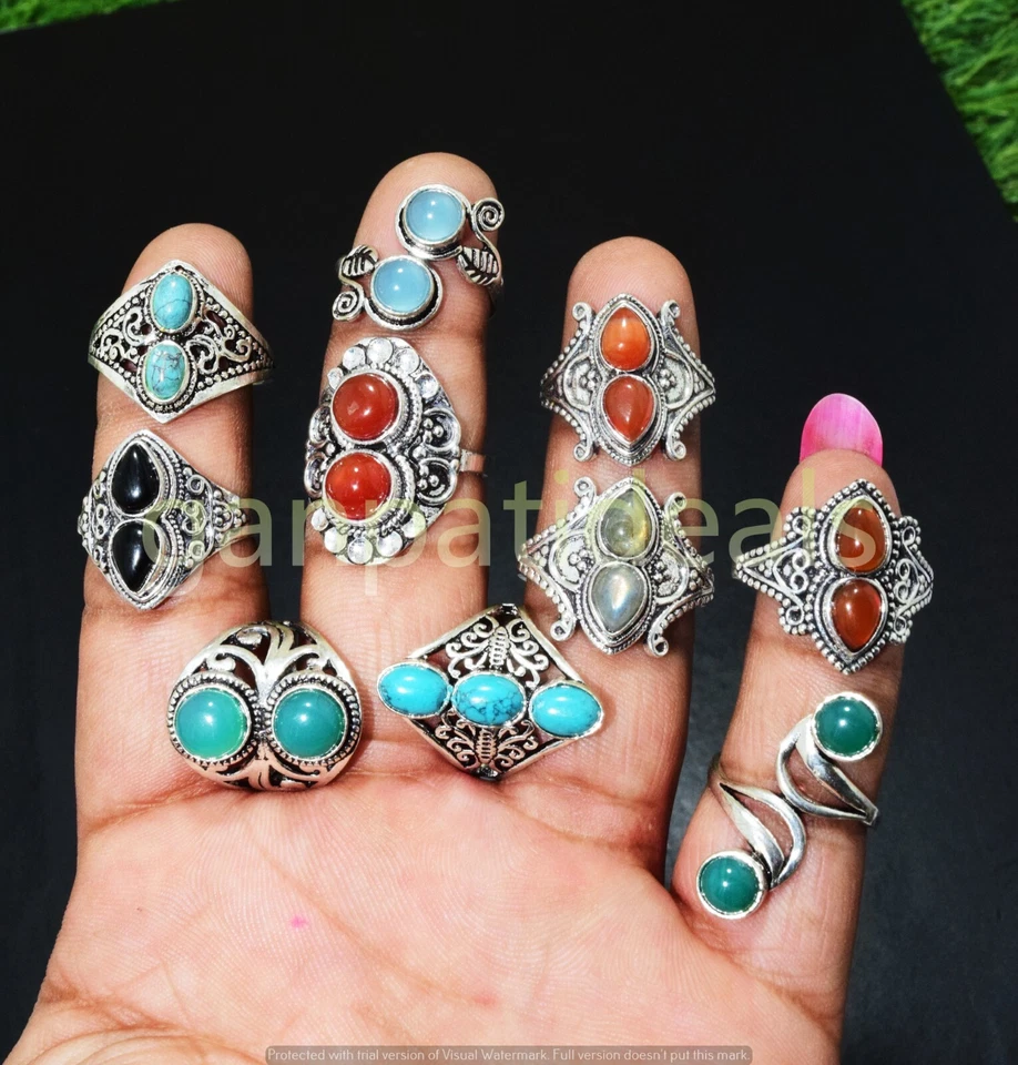 Lote de 1000 piezas de anillos enchapados en plata 925 turquesa y mezcla de piedras preciosas joyas para mujer Foto 2 de 4