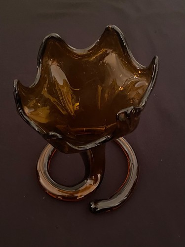 MCM Decor Vase Amber Blown Art Glass Tulip Coiled Base VTG - Picture 15 of 17