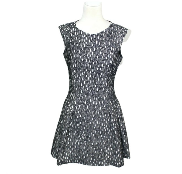 Zara Basic A-Line Dress  Size L Navy White Textured Sleeveless Fitted Waist