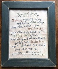Primitive Country "Teachers Rules" Framed Stitchery Tea Stained Rustic Frame 
