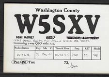 QSL CB Radio CARD"W5SXV,Gene Gaines,Washington Co.",Prairie Grove,AR(Q7587)