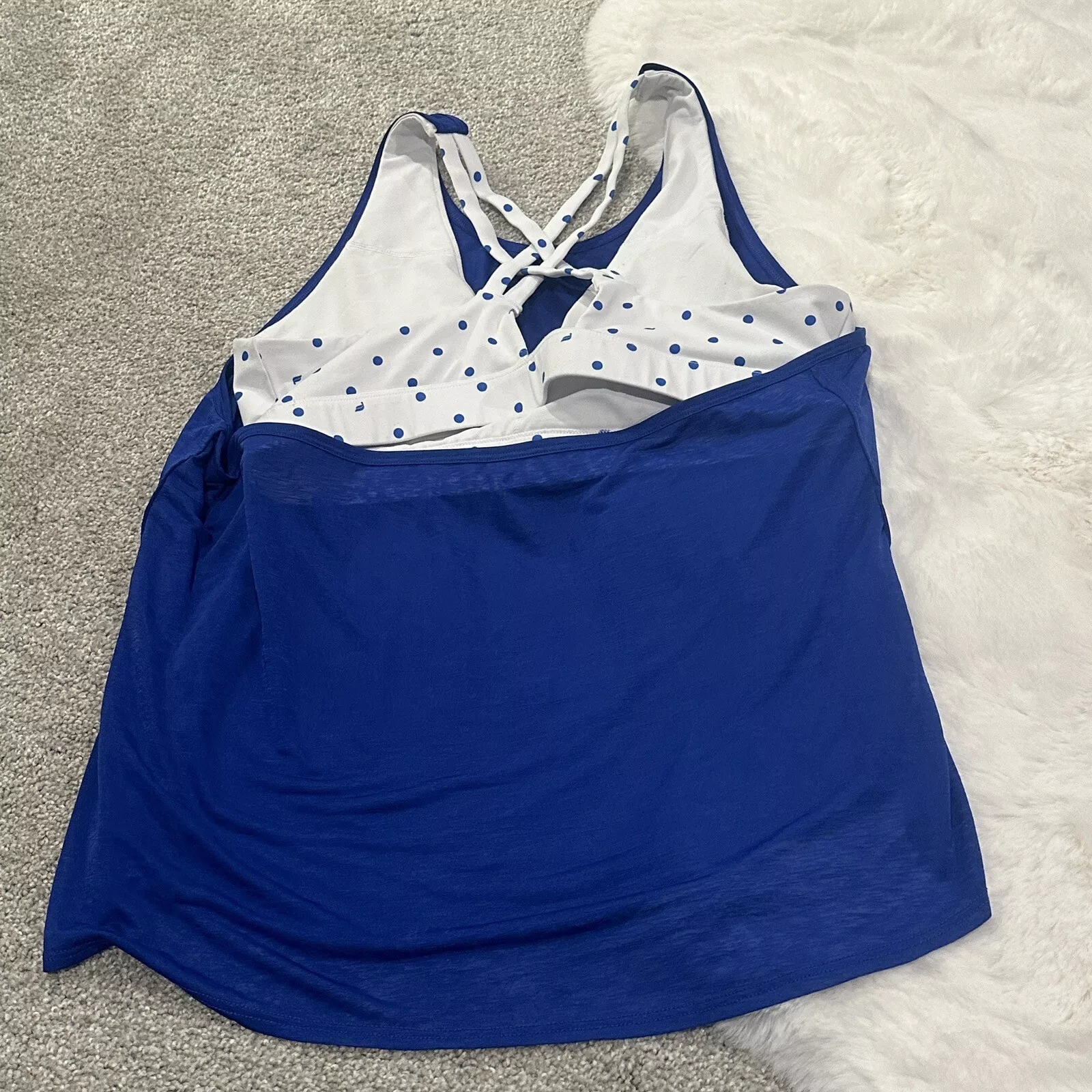 fabletics ryan built-in bra polka dot logo open back criss cross tank-top